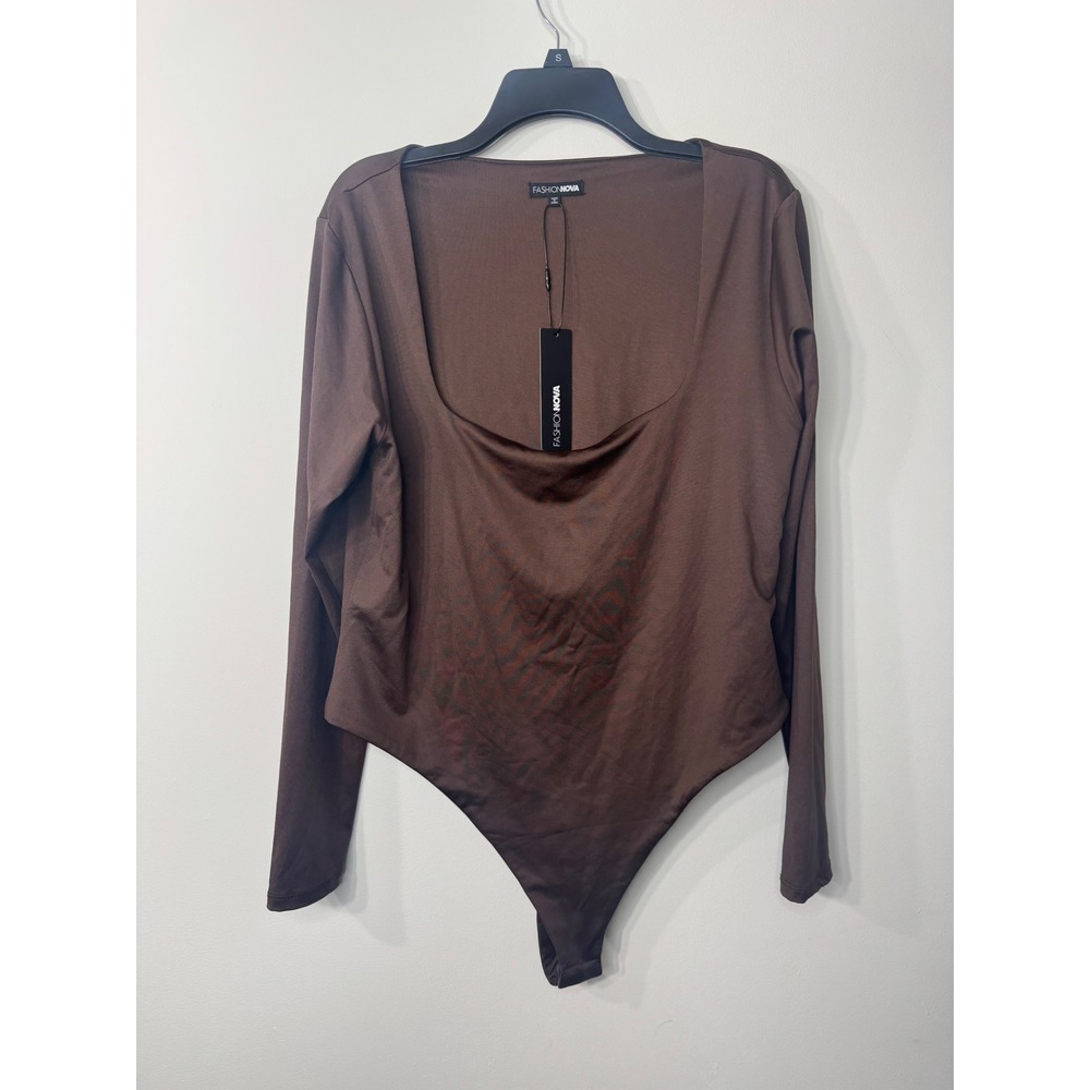 Fashion Nova Contour Double Lined Long Sleeve Square Neck Bodysuit Chocolate 3X